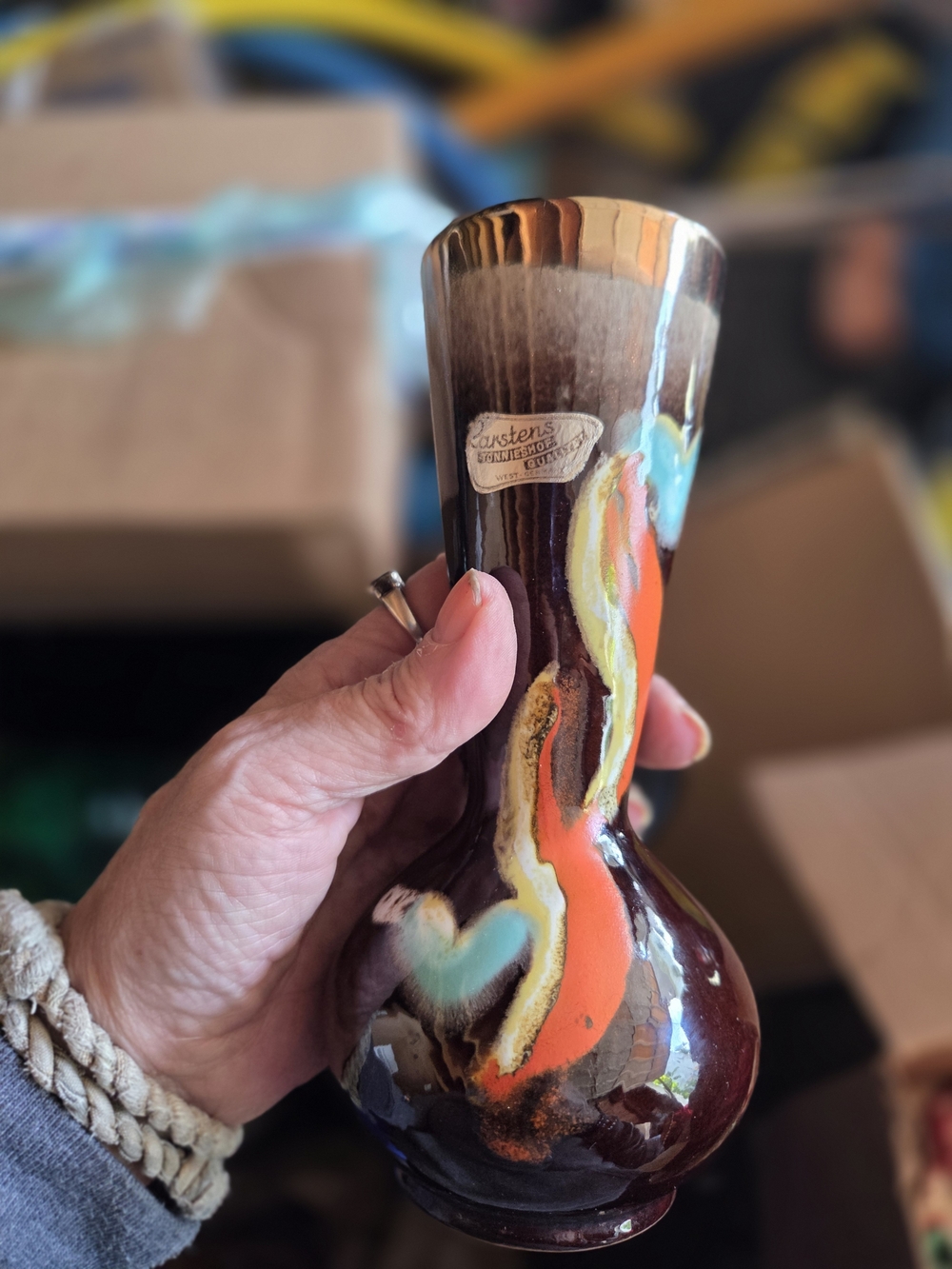 Brown Drip-Glaze Vase with Orange & Teal Accents Mid Century Modern Vase .